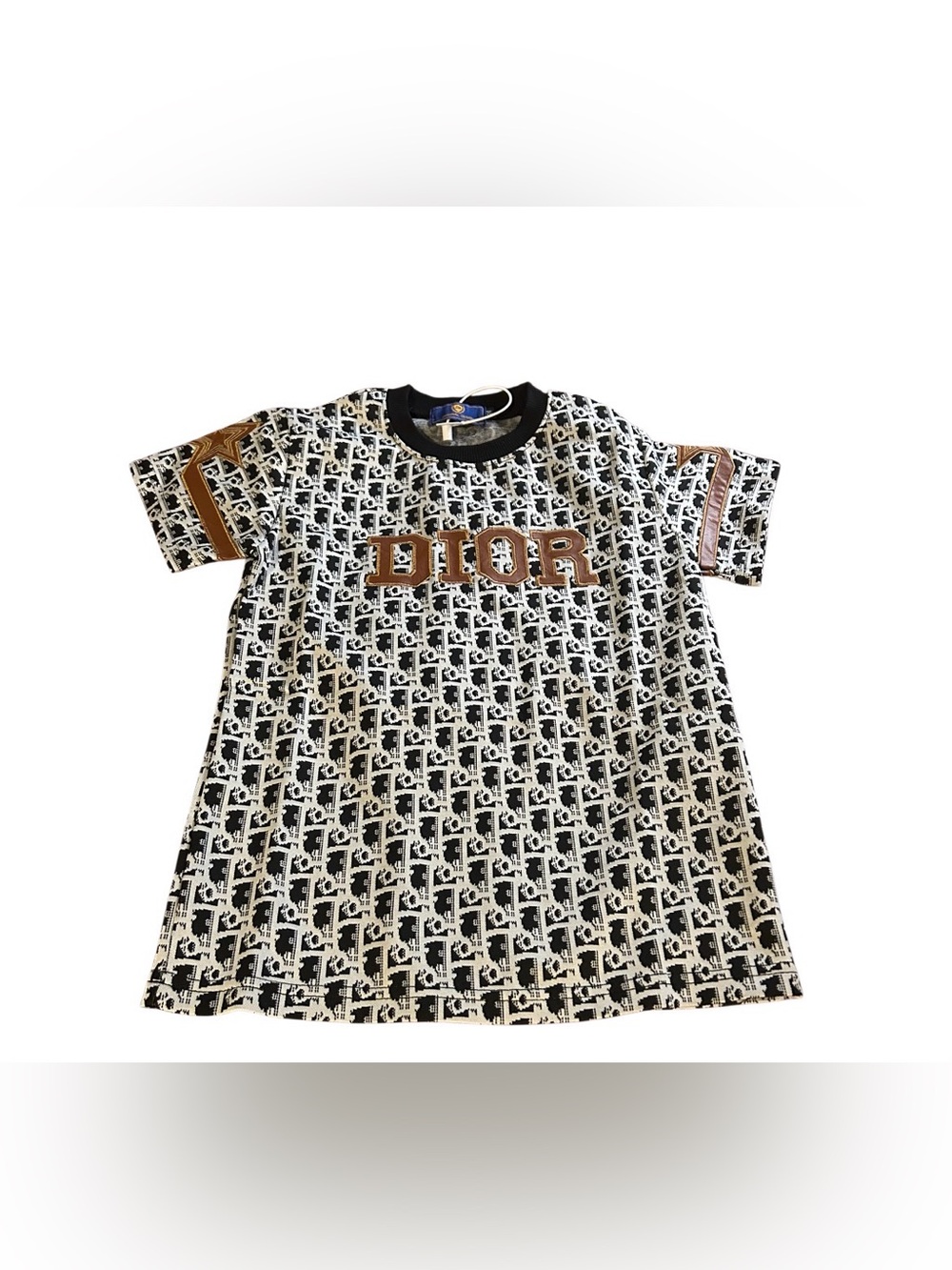 Dior Kids Black & White Monogram Tee with Brown Logo Accents